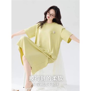 啄木鳥2025新款睡裙女夏季純棉短袖中長款連衣裙寬松簡約風家居服