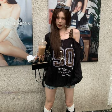 秋季黑色斜肩長袖t恤上衣