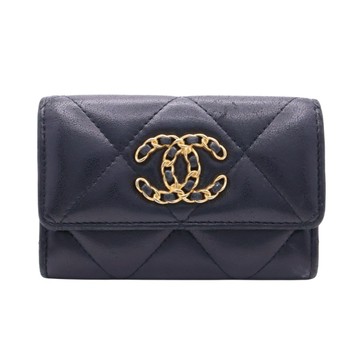 CHANEL 香奈兒 19 口蓋 名片夾 黑色 菱格紋羊皮 AP1790 【二手名牌BRAND OFF】