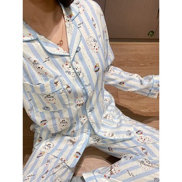 春秋款高顏值狗狗翻領印花睡衣女長袖長褲女生宿舍休閒家居服套裝居家服套裝寬鬆睡衣卡通睡衣女生睡衣可愛睡衣