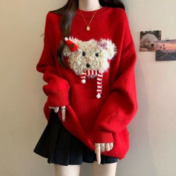 La Belleza氛圍感小熊圓領可愛立體絨毛小熊玩偶加厚保暖針織毛衣