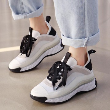 休閒鞋．街頭皮革撞色拼接綁帶圓頭厚底運動鞋．白鳥麗子