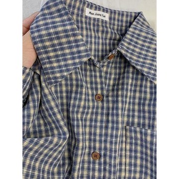 拉德復古藍色格子撞色長袖襯衫春秋休閑新款襯衣設計寬松上衣外套