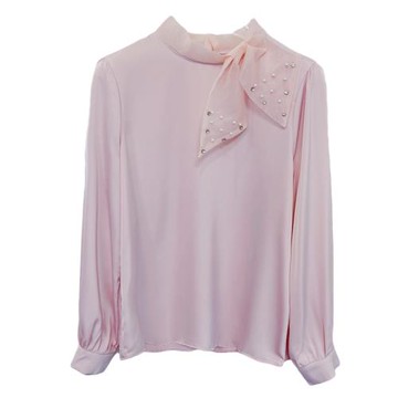 蝴蝶結立領醋酸緞面長袖襯衫女春秋新款珍珠鑲鉆真絲打底襯衣上衣