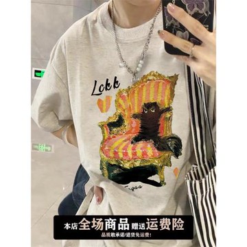 100%純棉正肩短袖T恤女2025新款夏季寬松卡通港味chic獨特上衣潮