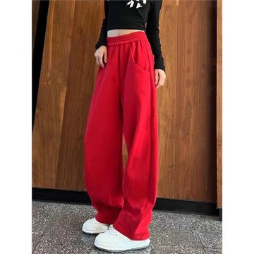 本命年紅色香蕉褲女2025秋冬新款直筒拖地褲子窄版闊腿加絨休閑褲