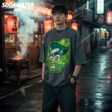 Joker綠焰惡鬼 做舊水洗純棉短T 暗黑小丑插畫 美式潮流街頭男女上衣 oversize復古百搭T恤