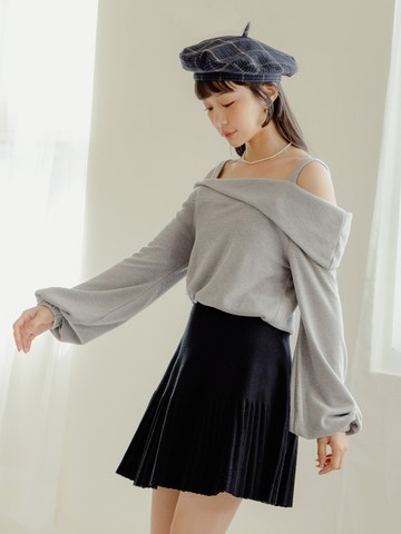 磨毛大翻領露肩拋袖短版上衣