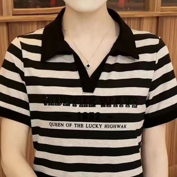 春夏短袖上衣女POLO衫女高档polo领条纹T恤女夏季新款年轻妈妈装百搭宽松遮肚上衣大尺碼  5xl  95公斤 大碼媽