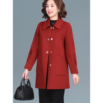 中老年媽媽冬裝雙面羊毛呢大衣女秋冬外套喜婆婆紅色婚宴呢子大衣
