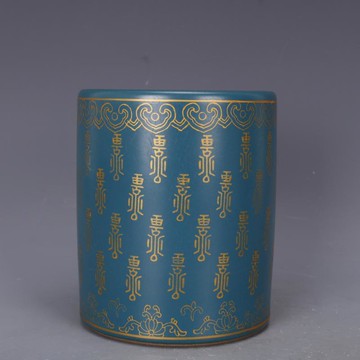 清雍正孔雀藍釉琺瑯彩壽紋筆筒仿古瓷器家居文房中式擺件古董古玩1入