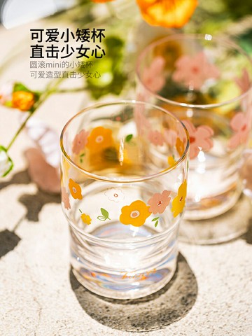 摩登主婦原創花見玻璃杯子ins風簡約清新果汁杯飲料杯可愛水杯女