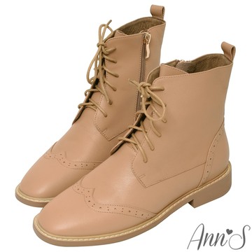 🔥APP限定 雙12最高享75折🔥Ann’S高個子女孩-牛津雕花綁帶小羊皮真皮平底短靴3cm-卡其(版型偏小)