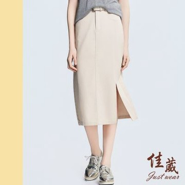 【佳葳Justwear】簡約開衩斜紋牛仔裙-附腰帶 2色(女下身/女下著/裙子/腰頭彈性/皮帶/口袋/休閒/涼感)