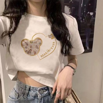 胖胖美依 短袖上衣 T恤 上衣 S-2XL白色正肩短袖t多巴胺穿搭小衆修身顯瘦甜露臍上衣-7648.