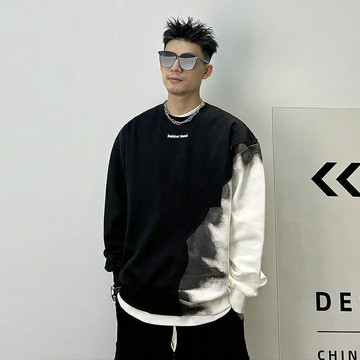 限時優惠 秋冬潮流漸變圓領打底上衣 秋冬重磅400g衛衣男漸變拼接美式潮牌高街設計感寬鬆圓領上衣