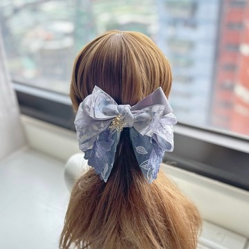 蕾絲紗蕾絲蝴蝶結相交夾香蕉夾仙女夾髮夾-藍紫灰色