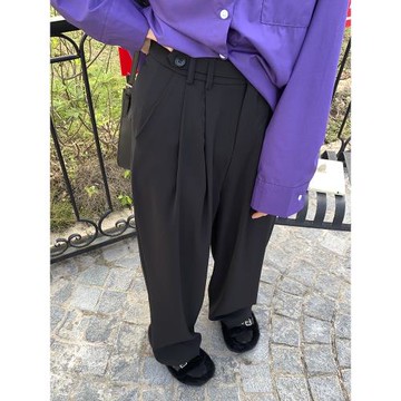 闊腿春季高腰黑色顯瘦西裝褲