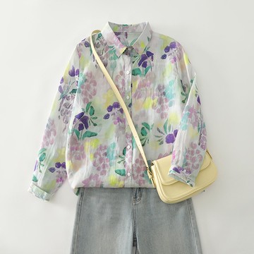 【ACheter】復古印花棉麻長袖襯衫寬鬆上衣# 125801