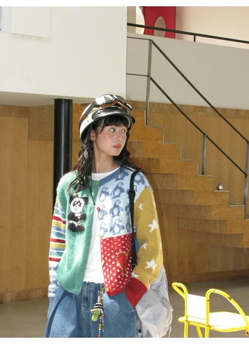 oddmaker撞色原創趣味提花開衫女慵懶針織衫上衣寬松復古短外套