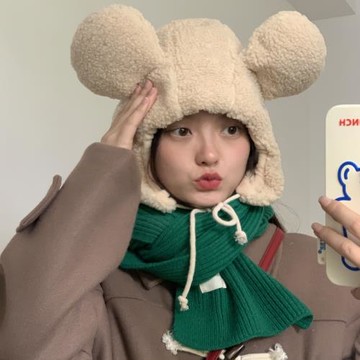小熊加絨加厚帽子女秋冬季可愛天毛絨騎行包頭帽韓版護耳保暖圍脖