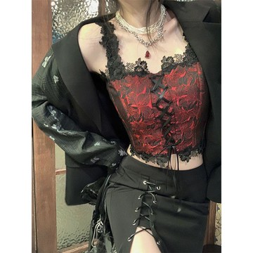 現款免運 大碼女裝復古顯瘦修身繫帶蕾絲打底吊帶設計感小衆內搭背心VQ