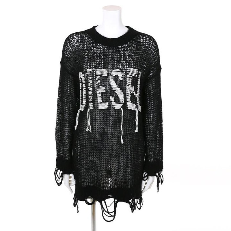 美品】DIESEL ディーゼル Dロゴ 胸開きニット ブラック Lサイズ-