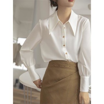 2025春秋新款緞面白色襯衫女設計感小眾金屬質感氣質法式鹽系襯衣