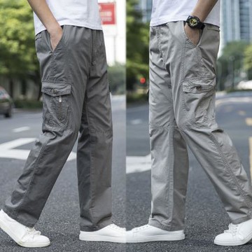 夏季闊腿褲多口袋工裝褲男士休閑褲爸爸裝加肥加大碼寬松肥佬長褲