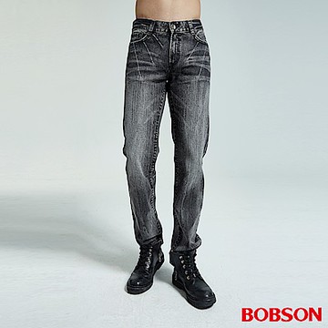 BOBSON 男款仿皮繡花黑灰中直筒褲