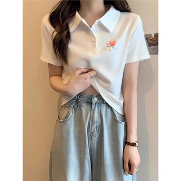 2024正肩翻領鈕扣Polo衫短袖T恤女修身上衣百搭設計感別致夏季
