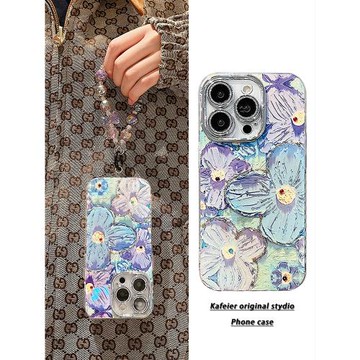 卡斐爾 適用唯美點鉆油畫花朵手鏈iphone14promax手機殼蘋果15新款ins風12硅膠11女plus帶鏡頭膜16藝術13防摔