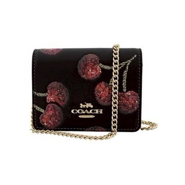 [平輸版] 【COACH】仿刺繡櫻桃皮雕亮粉燙印黑色皮革鍊帶頸掛斜背方型卡夾零錢小廢包 真品平輸