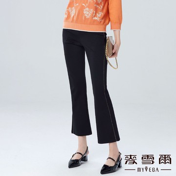 Myvega麥雪爾 織帶鬆緊腰側亮片喇叭褲-黑
