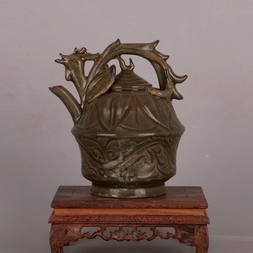 宋耀州窯青釉纏枝倒流壺 仿古舊貨瓷器全手工雕刻古玩古董收藏品