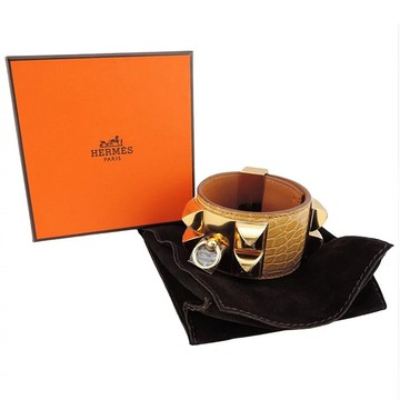 HERMES collier de chien金屬鉚釘鱷魚皮寬版手環 T年(黃x金/S)