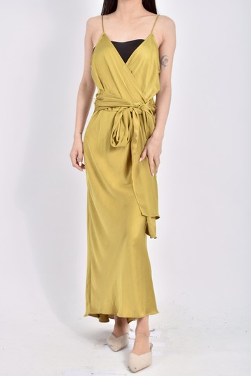 (M) zara質感緞面細肩帶黃色洋裝