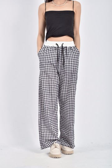 (XL) banana fish高腰格紋抽繩鬆緊腰黑色長褲