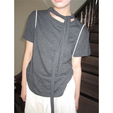 3months 2025夏季新款蝴蝶結系帶短袖T恤女夏修身顯瘦個性上衣潮