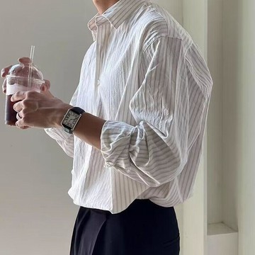 【二十三歲】臺灣出貨條紋襯衫男感小衆痞帥休閒襯衣日系春秋款長袖時尚百搭外套