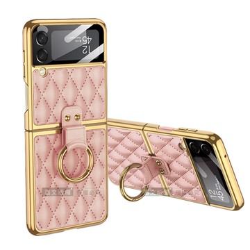 三星 Samsung Galaxy Z Flip3 5G 小香風菱格紋指環支架殼+鋼化膜 手機殼(少女粉)