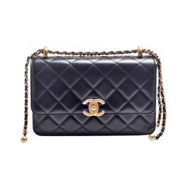 CHANEL 經典復古雙C LOGO菱格小羊皮雙金球鏈帶肩背/斜背包(黑色)