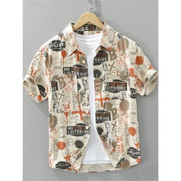 輕奢潮牌印花短袖襯衫外套男士涂鴉日系復古襯衣百搭文藝寬松上衣