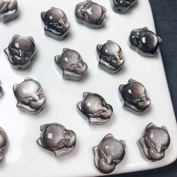 【幻彩水晶手作坊】天然銀曜石 金曜石 狐狸通孔 大頭狐狸 配件 DIY手串手鍊 17mm