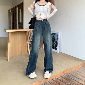 美木子｜牛仔褲｜預購｜復古高腰闊腿牛仔褲 女春夏寬鬆顯瘦直筒長褲 小個子百搭實拍款【1015】
