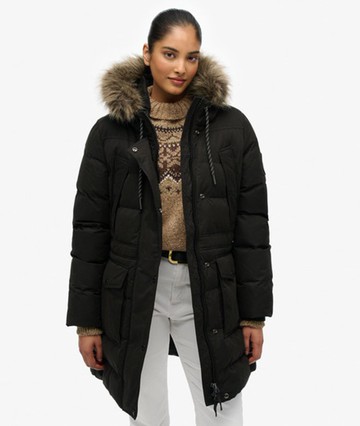 Superdry Women's Everest Microfibre Mid Faux Fur Puffer Jacket Black Size: 6