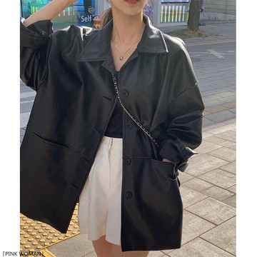 帥氣翻領單排扣皮衣外套女秋季寬鬆百搭仿皮夾克上衣