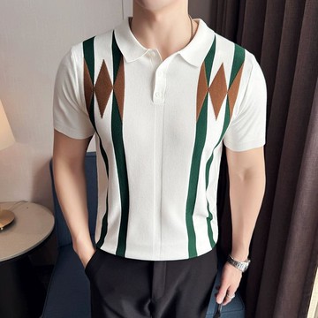 歐貨潮牌撞色條紋polo衫男 針織短袖上衣緊身翻領短袖t恤潮流1