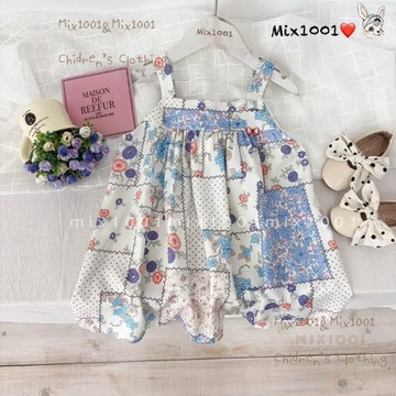 🌈✨花叢拼布點點細肩洋裝上衣✨兒童紅色蝴蝶結造型洋裝 5-17