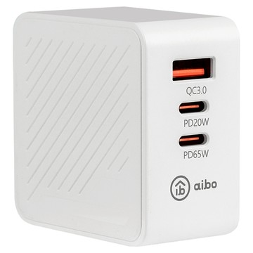 aibo GaN氮化鎵三孔快速充電器 65W PDx2+QC3.0x1 白色  1個